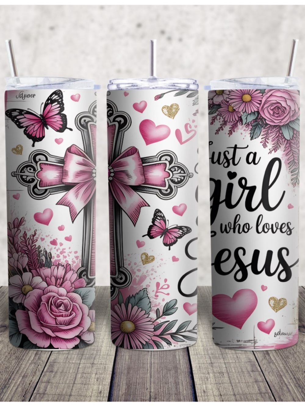 Hand Crafted Pink Floral Cross & Butterfly Tumbler